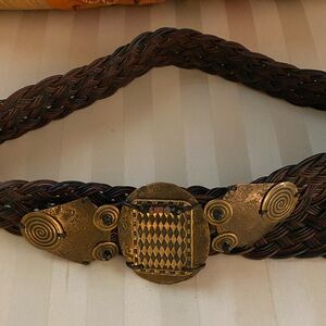 Majorie Baer style Brown Belt- VTG Metal and Art Buckle